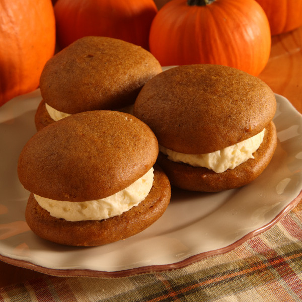 Few things say fall like a delicious pumpkin whoopie pie! These pumpkin cookie sandwiches are soft moist pumpkin cake "cookies" filled with sweet, light and fluffy filling.

Pumpkin whoopie pies are approximately three inches in diameter. Homemade in Ohio's Amish Country.
