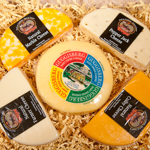 Enjoy five popular varieties of cheese made right here in Ohio's Amish Country:

8oz Colby
8oz Marble
8oz Pepper Jack
8oz Farmer's Cheese
2lb Guggisberg Baby Swiss
