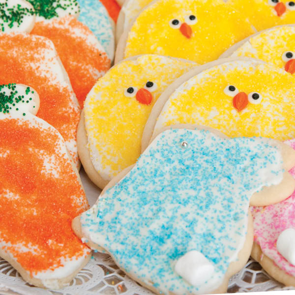 Special for Easter, our Der Dutchman cut-out cookies are soft, sweet and made from scratch. Our cut-out bunnies are decorated with colorful sugar sprinkles and a cute little mini-marshmallow for a tail. Baked and shipped the same day, these buttery cookies are topped with cream cheese frosting and will make you the most popular person in your house or office. Order plenty to share - they disappear quickly!

Homemade in Ohio's Amish Country.