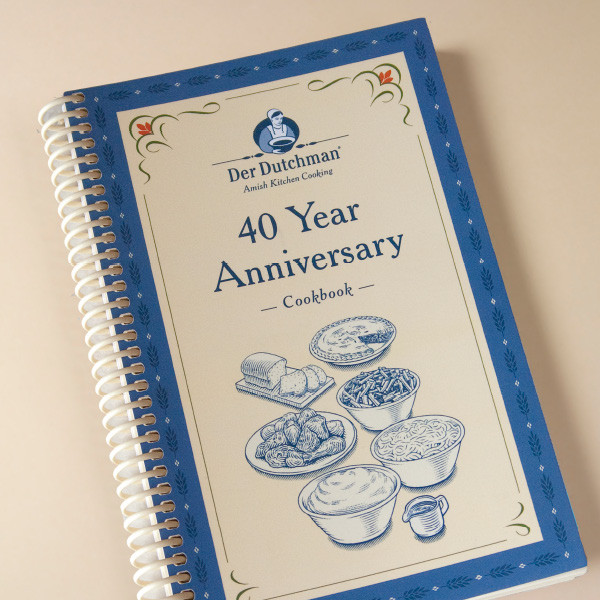 After 40 years in business, Der Dutchman Walnut Creek has been blessed to serve excellent food in the tradition of the Amish culture. This cookbook is a celebration the history of the restaurant and is filled with both restaurant recipes as well as recipes collected from our current staff members. A few restaurant recipes include our popular dishes such as date pudding, marinated carrots, chicken noodle soup, and Amish stuffing. Staff recipes include hot pepper butter, dandelion gravy and soft pretzels.

152 pages. A great stuffer for your Amish Gift Baskets!