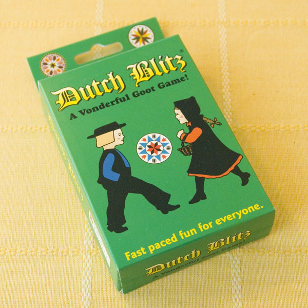 A family-oriented game, Dutch Blitz is well known in Pennsylvania Dutch and Mennonite circles. The prime object of the game is to build as many cards in sequence - 1 through 10 - in the same respective colors in "Dutch" piles, using as many cards from the "Blitz" pile as possible. The first player to exhaust his "Blitz" pile has "Blitzed" his opponents and ended the hand. For two, three or four players.