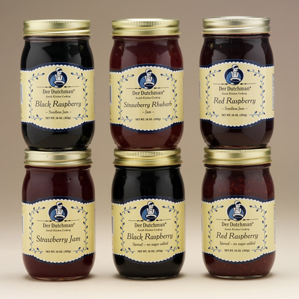 The perfect accompaniment for Sunday dinner rolls, these simply sweet jams are made from the freshest fruits, pure cane sugar, and all-natural ingredients - no preservatives added.

Choose from country favorites including strawberry, strawberry rhubarb, seedless red raspberry and black raspberry - plus no-sugar-added varieties. Available in 16oz jars.
