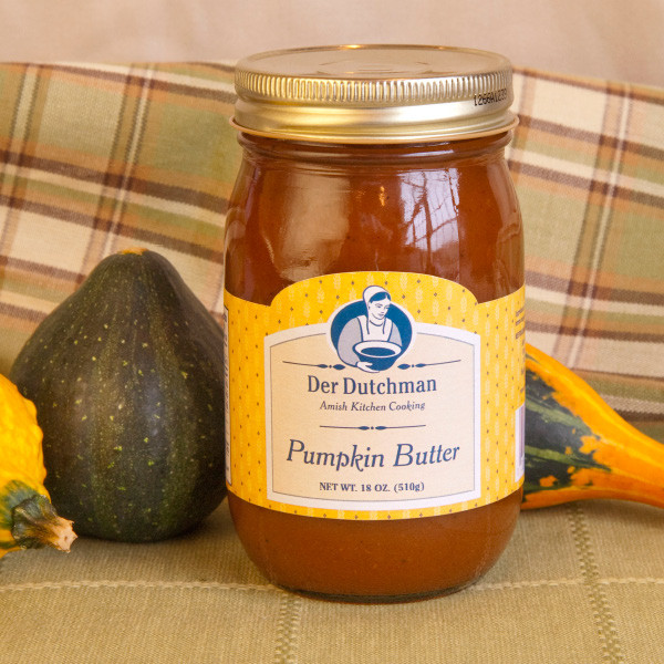 A fall specialty, our Der Dutchman Pumpkin Butter is bound to become a favorite in your home. Made with pumpkin, spices, sugar, vinegar and salt, our pumpkin butter has a smooth texture with just the right flavor of pumpkin and spice. Or, choose our Pecan Pumpkin butter for a slightly different twist on crackers, bread or dinner rolls.

Comes in 16oz jars.