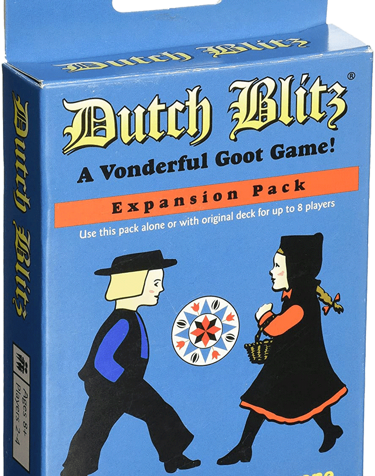 Dutch Blitz expansion pack uses 4 new card colors which will allow up to 8 players when combined with original Dutch Blitz. You can play with this New Blue pack, just like Classic Green, with up to 4 players OR combine the two packs to play with 5, 6, 7 or 8 players.