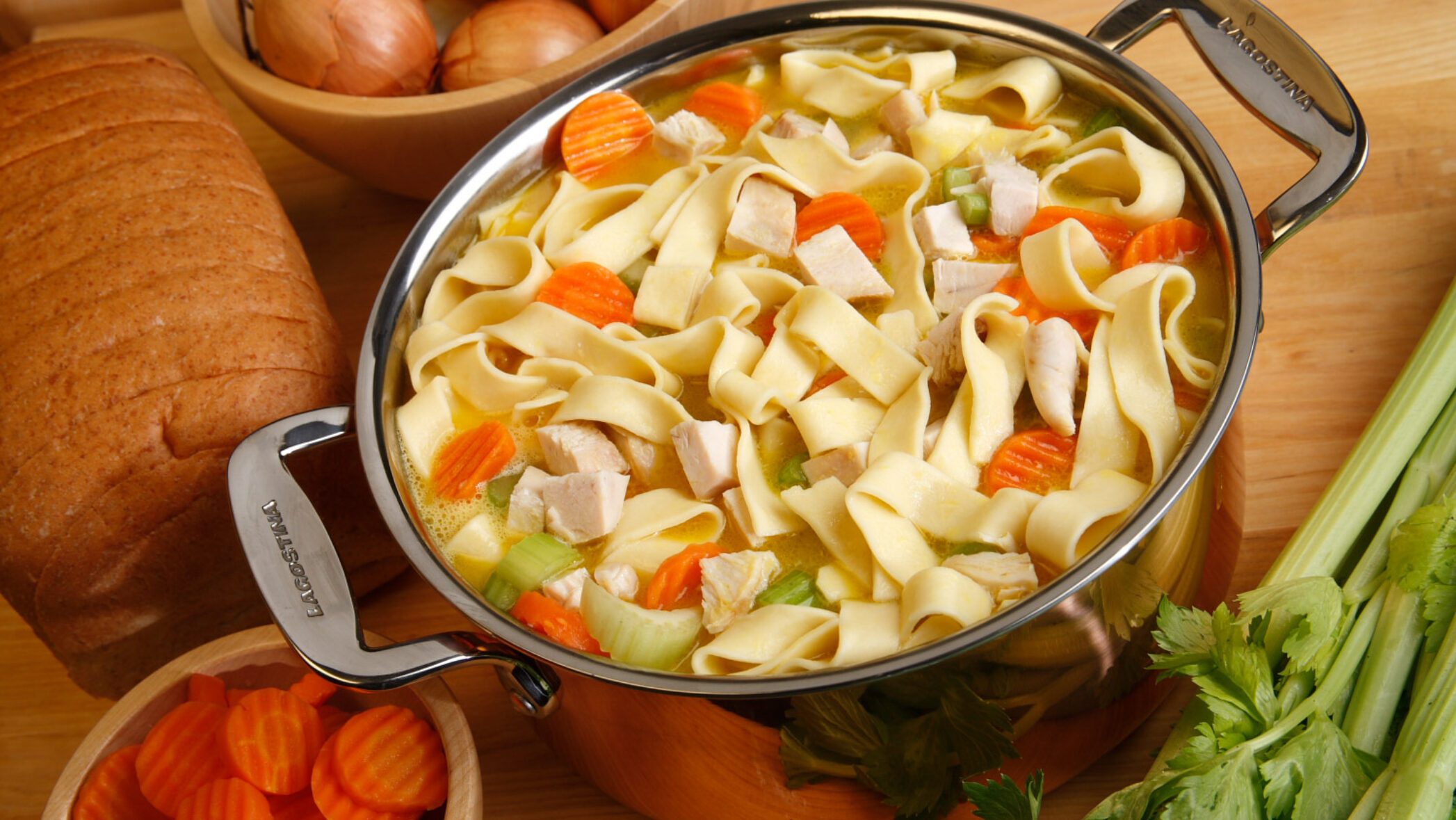 chicken noodle soup in a large pot