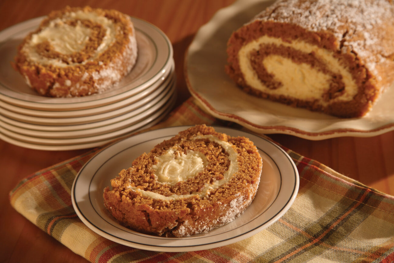 slices of pumpkin roll on plates